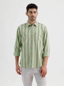 BASICS - Mens Twill Stripes Green Full Sleeves Casual Shirt