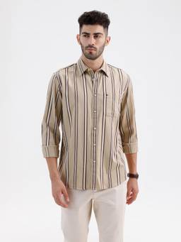 BASICS - Mens Twill Stripes Khaki Full Sleeves Casual Shirt