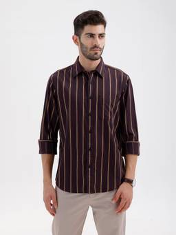 BASICS - Mens Twill Stripes Brown Full Sleeves Casual Shirt