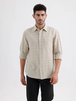 BASICS - Mens Checks Beige Full Sleeves Casual Shirt