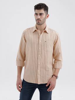 BASICS - Mens Stripes Beige Full Sleeves Casual Shirt