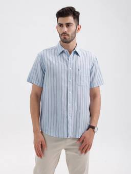 BASICS - Mens Stripes Blue Half Sleeves Casual Shirt