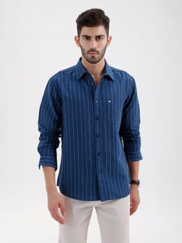 BASICS - Mens Stripes Navy Blue Full Sleeves Casual Shirt