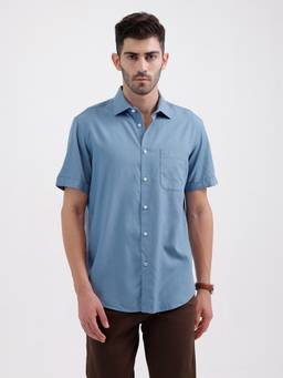 BASICS - Mens Solid Blue Half Sleeves Casual Shirt