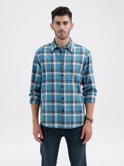 BASICS - Mens Twill Checks Blue Full Sleeves Casual Shirt