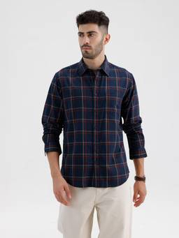 BASICS - Mens Twill Checks Navy Blue Full Sleeves Casual Shirt