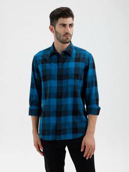 BASICS - Mens Twill Checks Blue Full Sleeves Casual Shirt