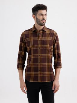 BASICS - Mens Twill Checks Brown Full Sleeves Casual Shirt