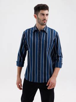 BASICS - Mens Twill Stripes Navy Blue Full Sleeves Casual Shirt