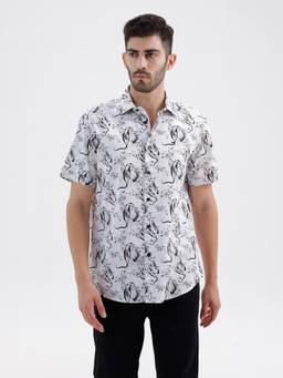 BASICS - Mens Printed White Half Sleeves Casual Shirt