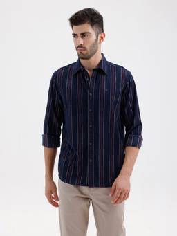 BASICS - Mens Stripes Navy Blue Full Sleeves Casual Shirt