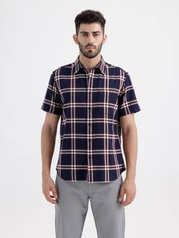 BASICS - Mens Dobby Checks Navy Blue Half Sleeves Casual Shirt