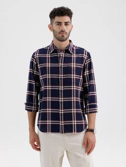 BASICS - Mens Dobby Checks Navy Blue Full Sleeves Casual Shirt