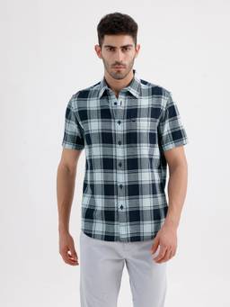 BASICS - Mens Dobby Checks Blue Half Sleeves Casual Shirt