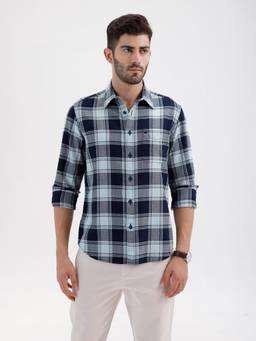 BASICS - Mens Dobby Checks Blue Full Sleeves Casual Shirt