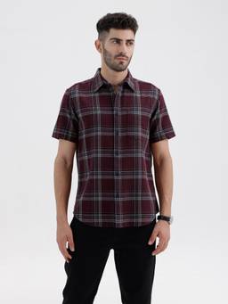BASICS - Mens Dobby Checks Maroon Half Sleeves Casual Shirt