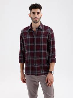 BASICS - Mens Dobby Checks Maroon Full Sleeves Casual Shirt