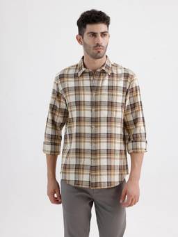 BASICS - Mens Dobby Checks Beige Full Sleeves Casual Shirt