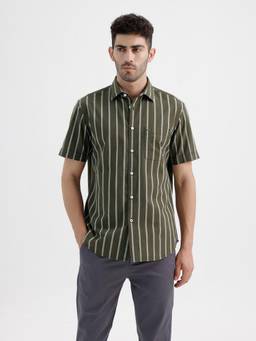 BASICS - Mens Dobby Stripes Green Half Sleeves Casual Shirt