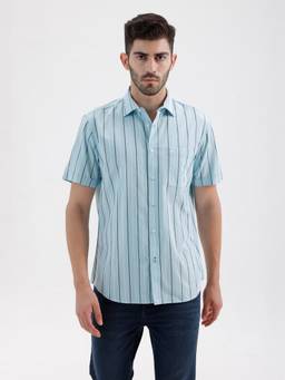 BASICS - Mens Dobby Stripes Blue Half Sleeves Casual Shirt