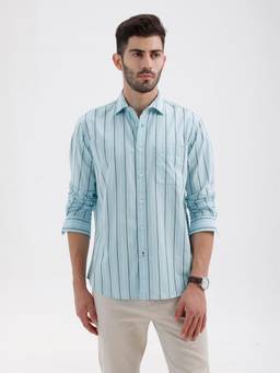 BASICS - Mens Dobby Stripes Blue Full Sleeves Casual Shirt