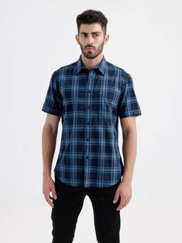 BASICS - Mens Dobby Checks Blue Half Sleeves Casual Shirt