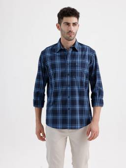 BASICS - Mens Dobby Checks Blue Full Sleeves Casual Shirt