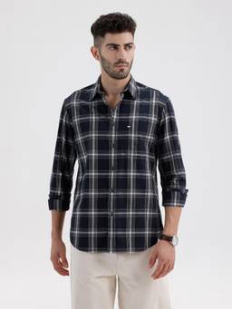 BASICS - Mens Dobby Checks Navy Blue Full Sleeves Casual Shirt