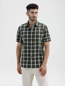 BASICS - Mens Dobby Checks Green Half Sleeves Casual Shirt