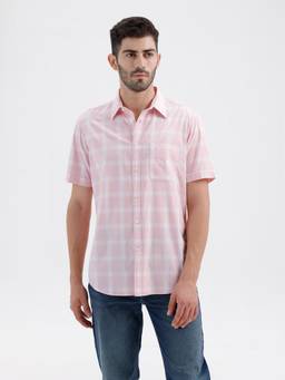 BASICS - Mens Dobby Checks Pink Half Sleeves Casual Shirt