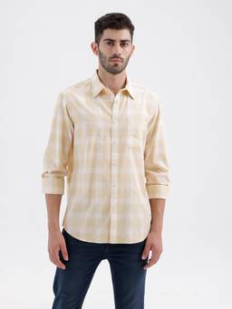 BASICS - Mens Dobby Checks Beige Full Sleeves Casual Shirt