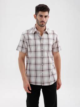 BASICS - Mens Dobby Checks Cream Half Sleeves Casual Shirt