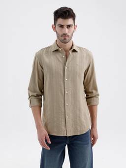 BASICS - Mens Dobby Textured Brown Full Sleeves Casual Shirt