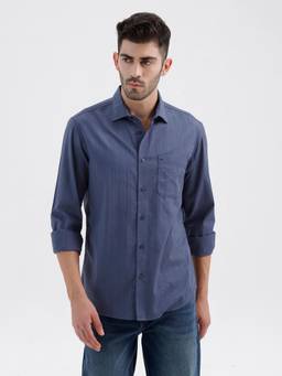 BASICS - Mens Dobby Stripes Navy Blue Full Sleeves Casual Shirt