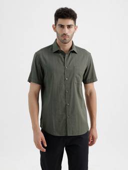 BASICS - Mens Dobby Stripes Green Half Sleeves Casual Shirt