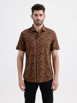 BASICS - Mens Printed Brown Half Sleeves Casual Shirt