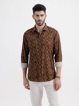 BASICS - Mens Printed Brown Full Sleeves Casual Shirt