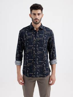 BASICS - Mens Printed Navy Blue Full Sleeves Casual Shirt
