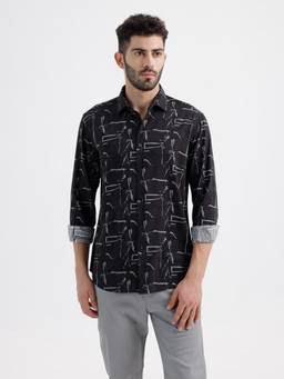 BASICS - Mens Printed Black Full Sleeves Casual Shirt