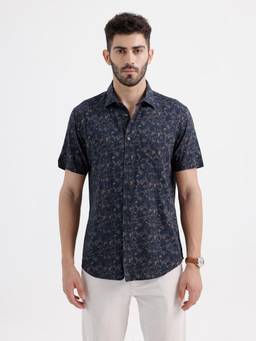 BASICS - Mens Printed Navy Blue Half Sleeves Casual Shirt