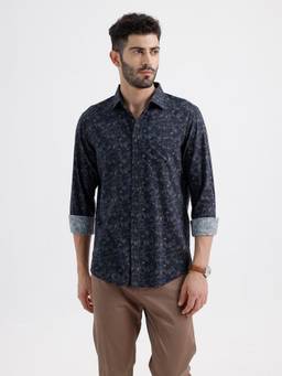 BASICS - Mens Printed Navy Blue Full Sleeves Casual Shirt