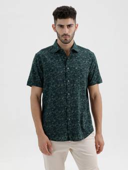 BASICS - Mens Printed Green Half Sleeves Casual Shirt