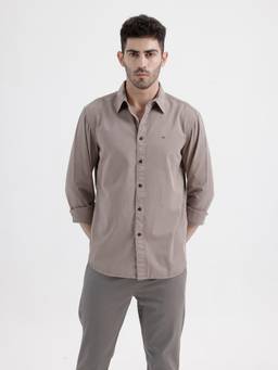 BASICS - Mens Twill Solid Brown Full Sleeves Casual Shirt