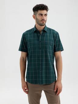 BASICS - Mens Checks Green Half Sleeves Casual Shirt