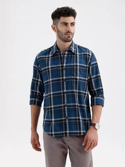 BASICS - Mens Twill Checks Navy Blue Full Sleeves Casual Shirt