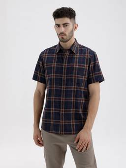BASICS - Mens Twill Checks Navy Blue Half Sleeves Casual Shirt
