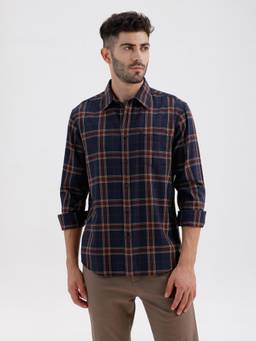 BASICS - Mens Twill Checks Navy Blue Full Sleeves Casual Shirt