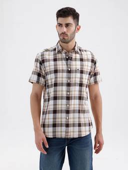 BASICS - Mens Twill Checks Cream Half Sleeves Casual Shirt