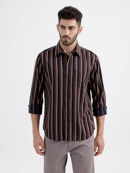 BASICS - Mens Twill Stripes Navy Blue Full Sleeves Casual Shirt
