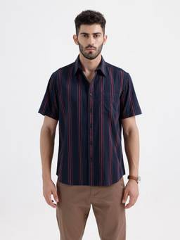 BASICS - Mens Twill Stripes Navy Blue Half Sleeves Casual Shirt
